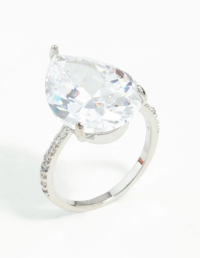 Silver Cubic Zirconia Large Pear Stone Ring