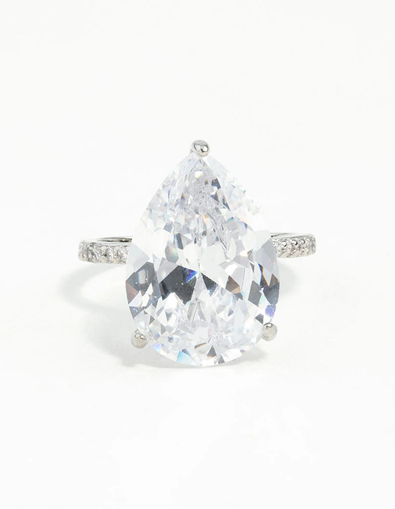 Silver Cubic Zirconia Large Pear Stone Ring