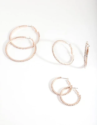 Mixed Size Rose Gold Diamante Hoop Pack