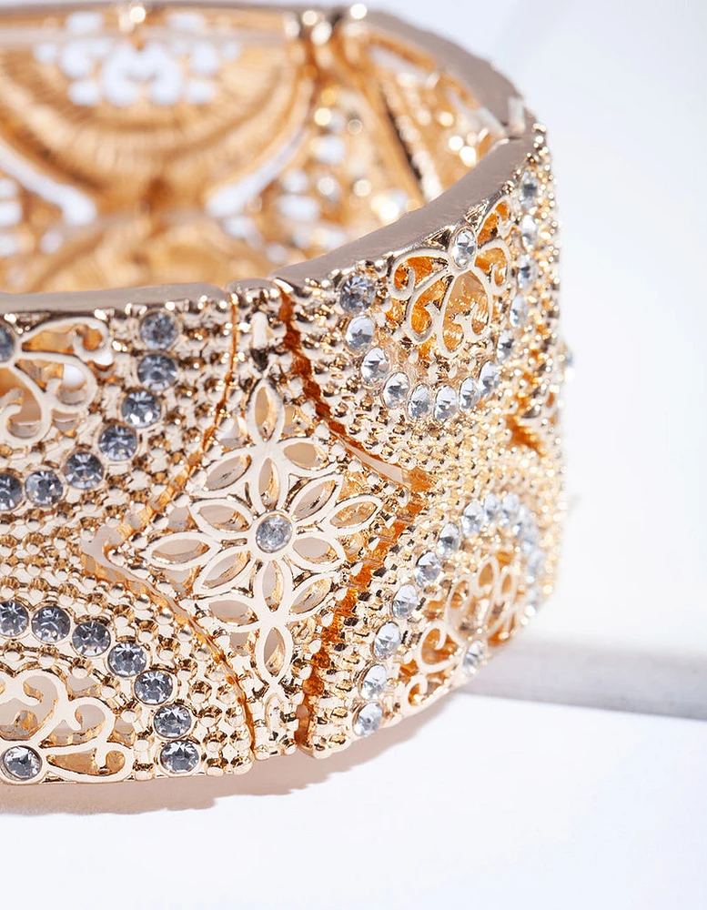 Gold Filigree Diamante Stretch Bracelet