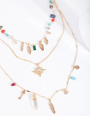 Gold Multi Layered Stone Charm Necklace