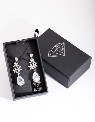 Rhodium Diamond Simulant Flower Teardrop Earrings