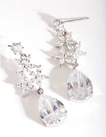 Rhodium Diamond Simulant Flower Teardrop Earrings