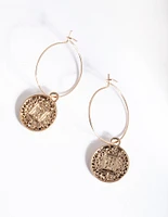 Antique Gold Bohemian Disc Hoop Earrings