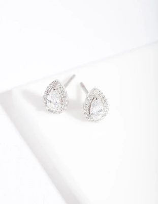 Silver Cubic Zirconia Teardrop Halo Stud Earrings