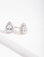 Silver Cubic Zirconia Teardrop Halo Stud Earrings