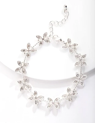 Silver Crystal Silk Flower Bracelet