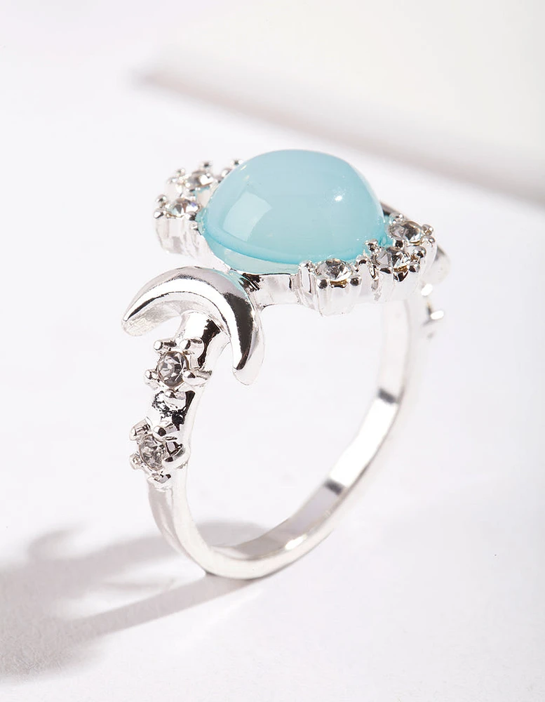 Silver Vanilla Synthetic Opal Moon Diamante Ring