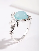 Silver Vanilla Synthetic Opal Moon Diamante Ring