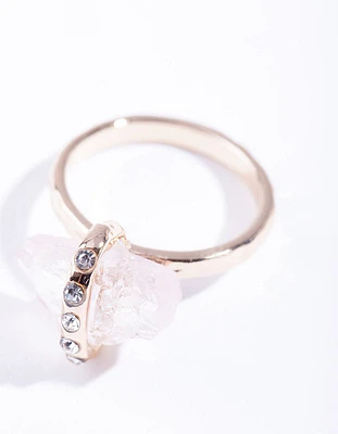 Gold Raw Stone With Diamante Strap Ring