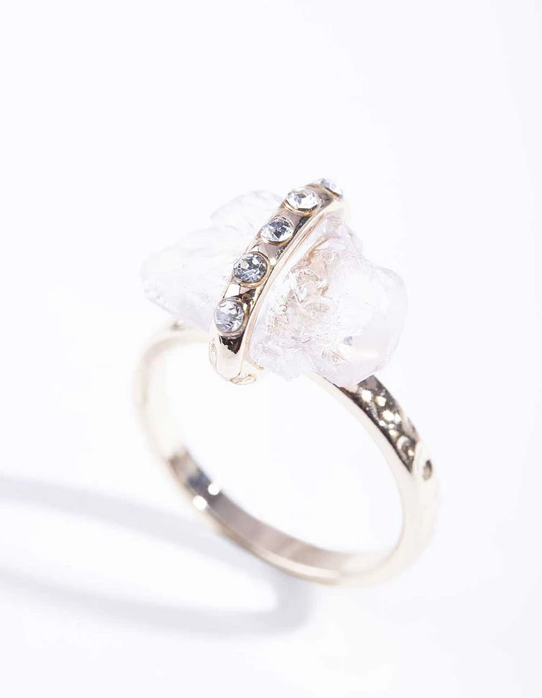 Gold Raw Stone With Diamante Strap Ring