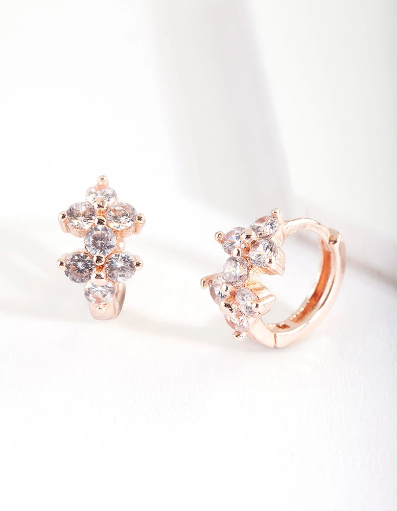 Rose Gold Double Flower Huggie Earrings