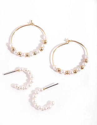Gold Pearl Bead Hoop Earring Pack