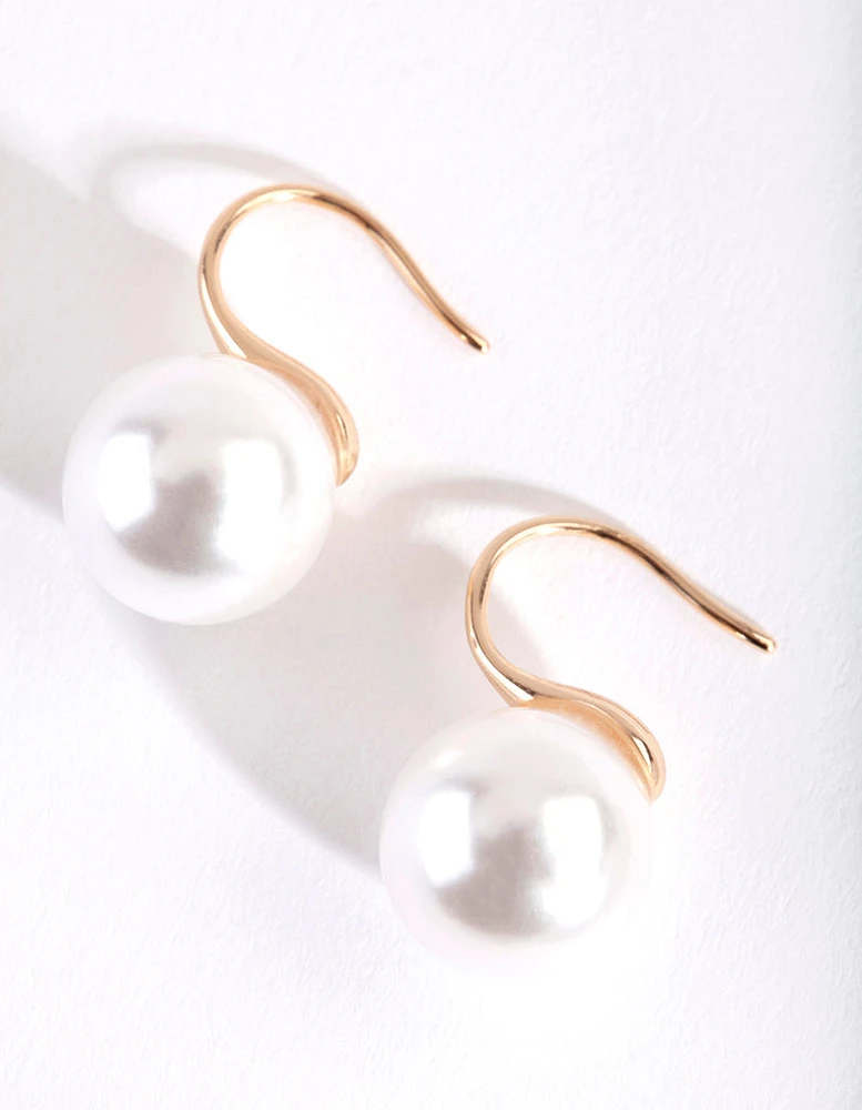 Gold Pearl Fish Hook Earrings