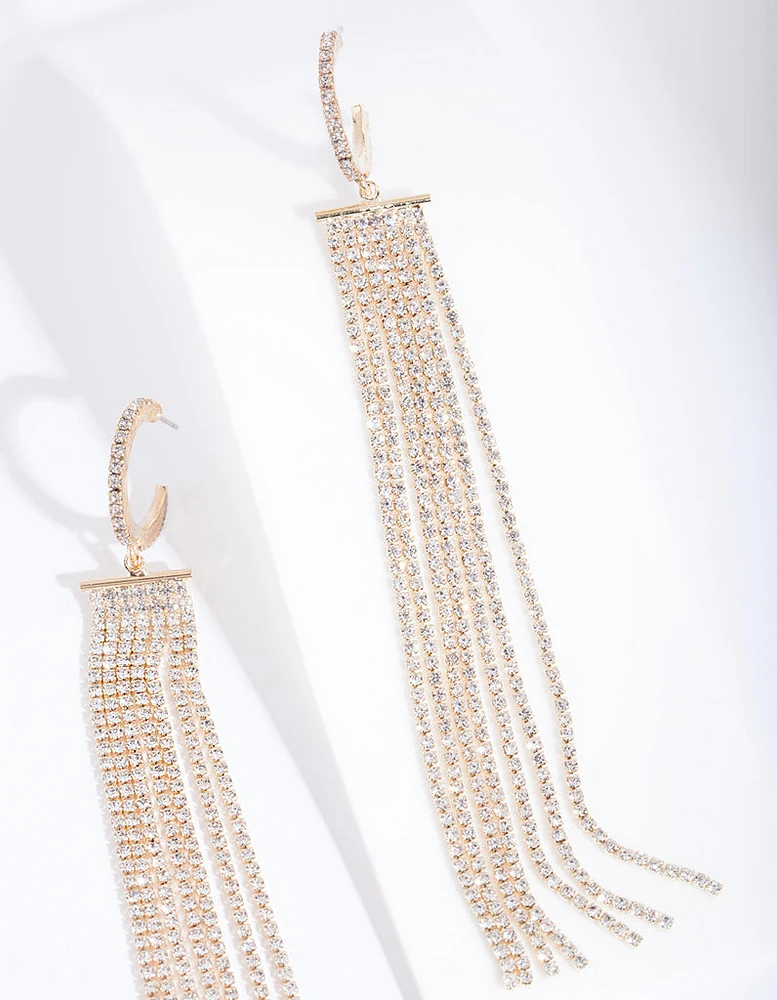 Gold Diamante Fringe Huggie Earrings