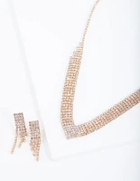 Gold Diamante Earrings Necklace Set