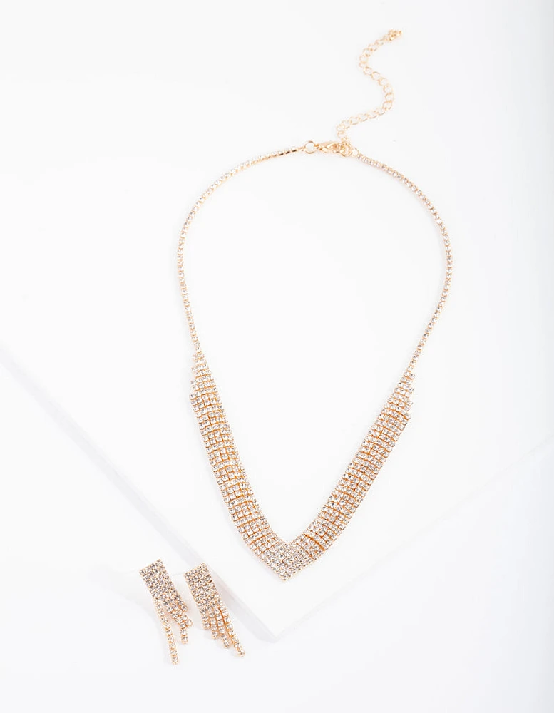 Gold Diamante Earrings Necklace Set