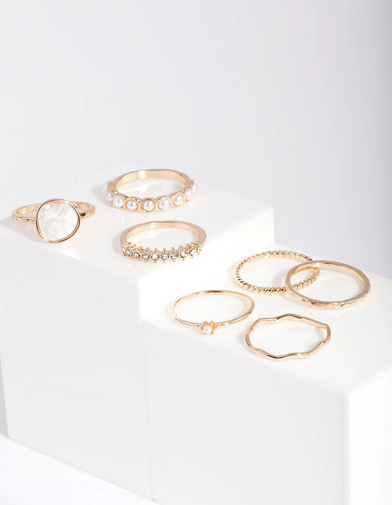 Gold Pearl & Diamante Mix Ring 7-Pack