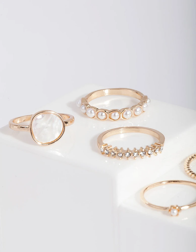 Gold Pearl & Diamante Mix Ring 7-Pack