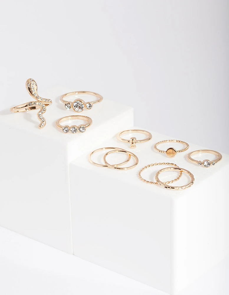 Gold Pearl & Diamante Mix Ring 7-Pack