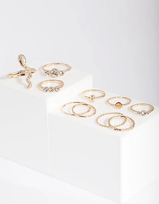 Gold Pearl & Diamante Mix Ring 7-Pack