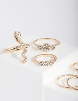 Gold Pearl & Diamante Mix Ring 7-Pack
