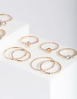Gold Pearl & Diamante Mix Ring 7-Pack