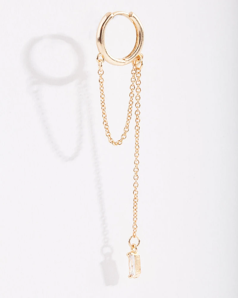 Gold Baguette Chain Drop Huggie Earrings