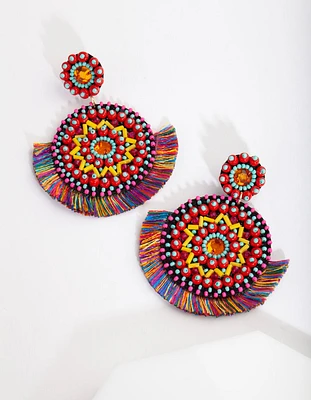 Fabric Bright Disc Tassel Earrings