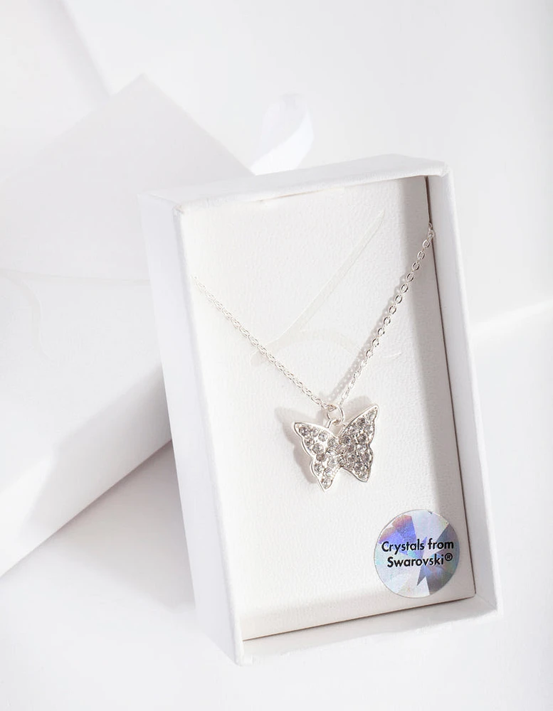 Silver Diamond Simulant Butterfly Necklace