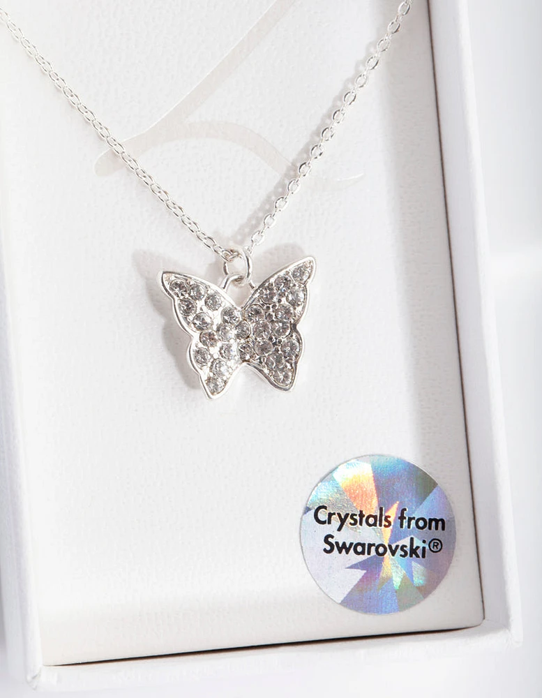 Silver Diamond Simulant Butterfly Necklace