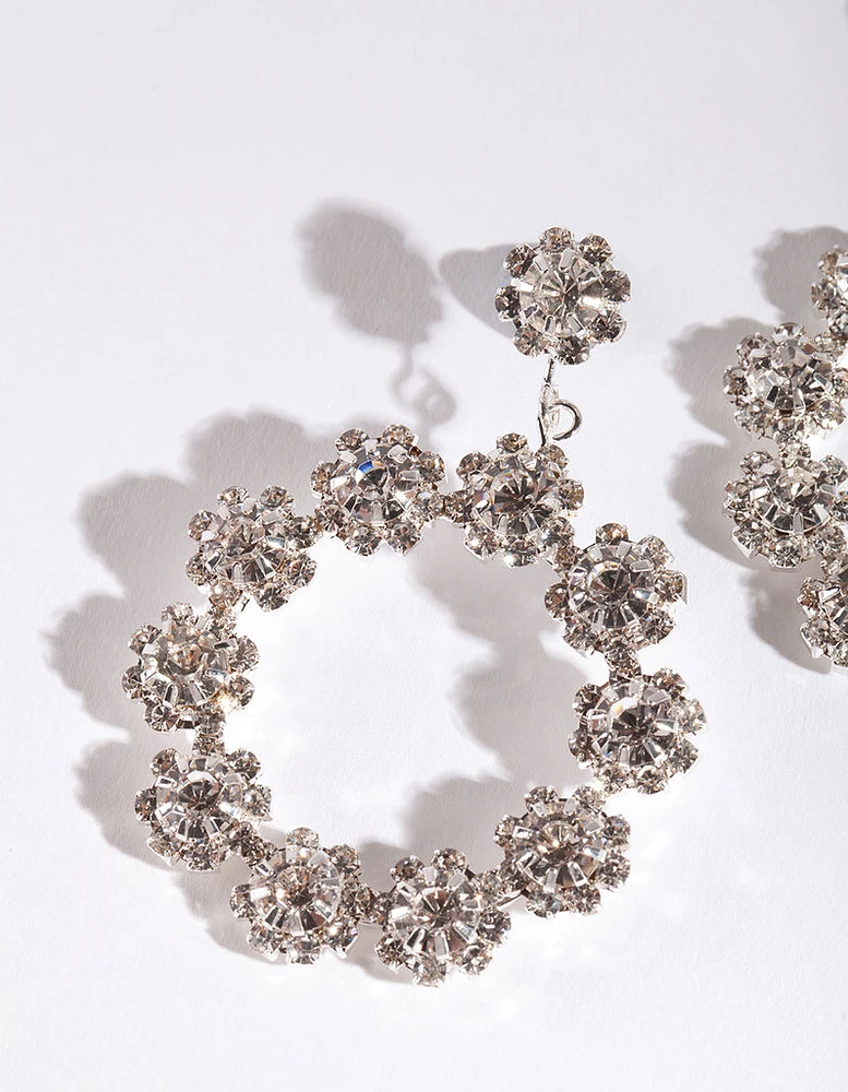 Silver Diamante Flower Circle Earrings