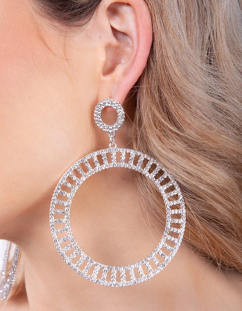 Silver Diamante Cutout Disc Earrings