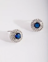 Silver Diamond Simulant  Blue Stud Earrings