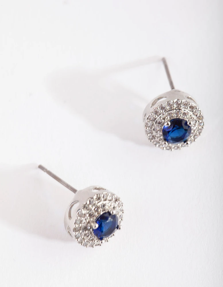 Silver Diamond Simulant  Blue Stud Earrings