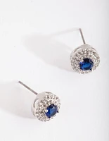 Silver Diamond Simulant  Blue Stud Earrings