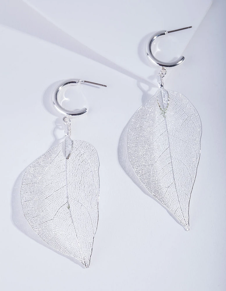 Silver Leaf Hoop Earrings