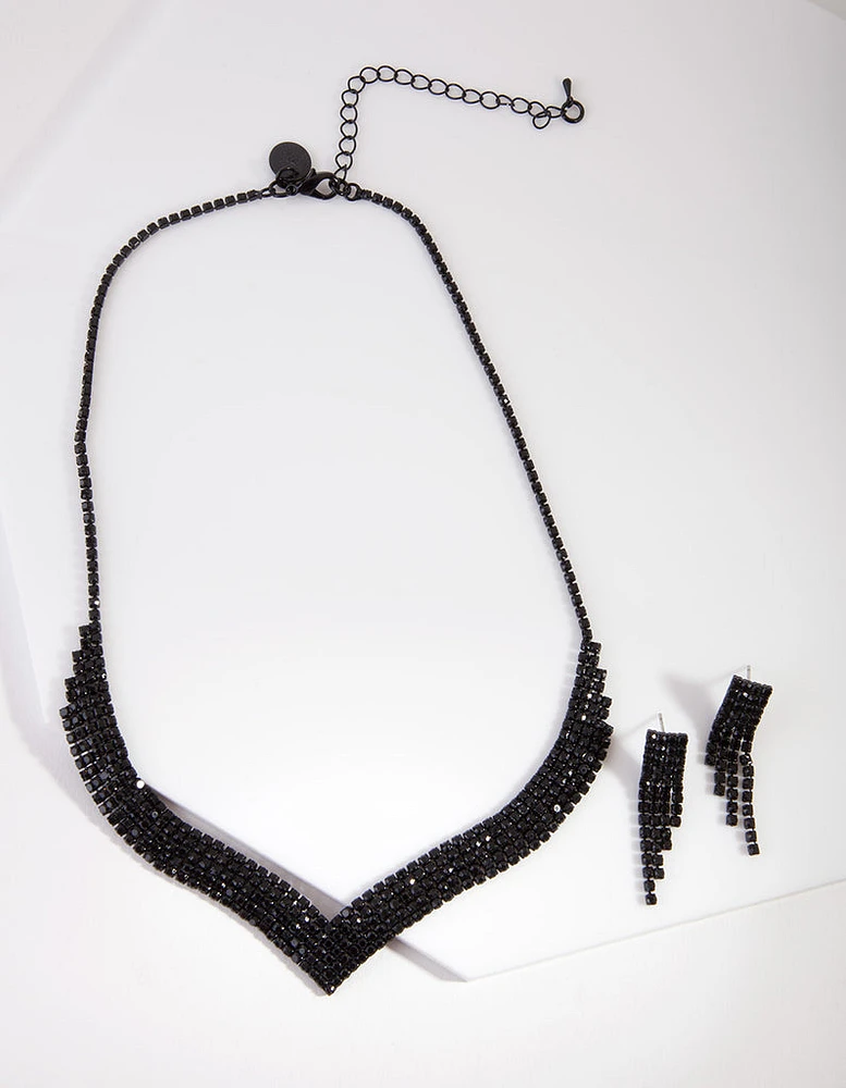 Black Diamante Earrings & Necklace Set