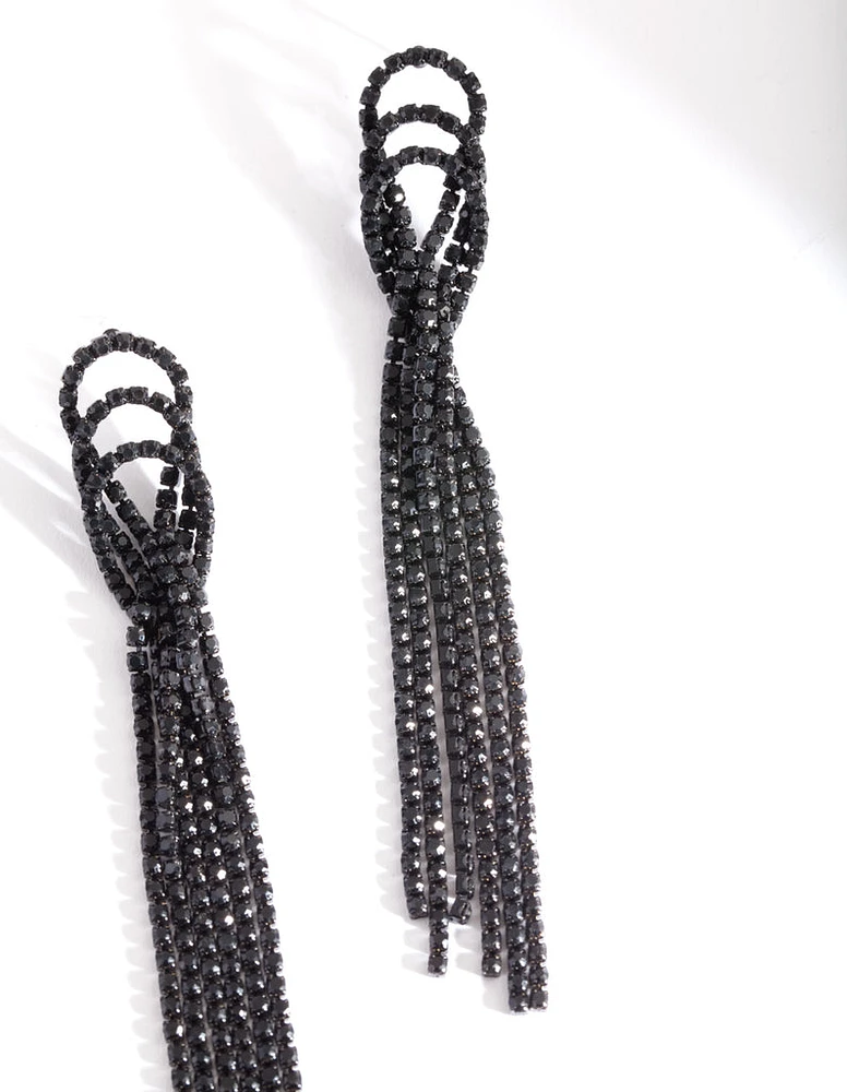 Black Triple Loop Diamante Tassel Earrings