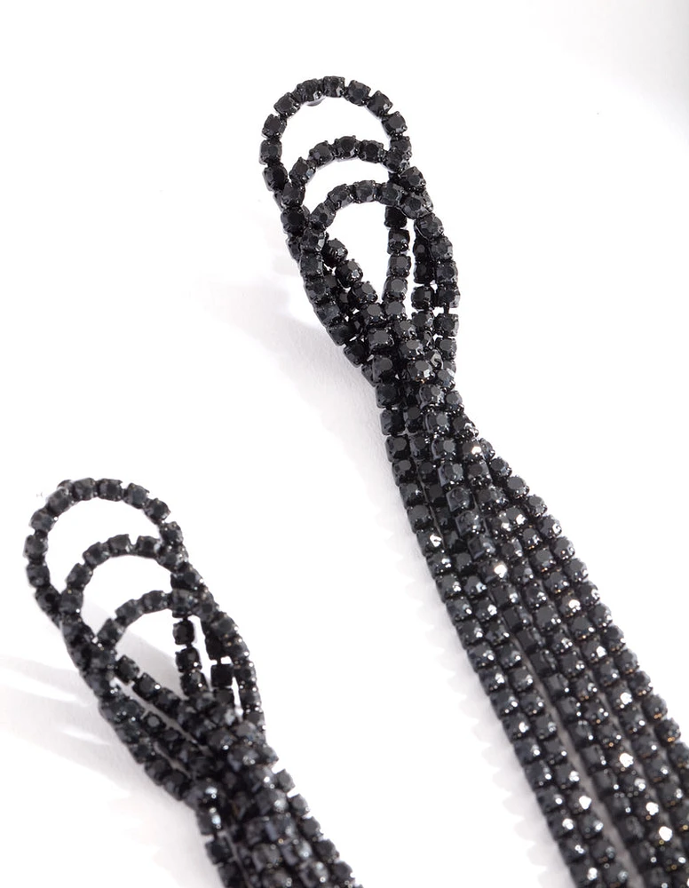 Black Triple Loop Diamante Tassel Earrings