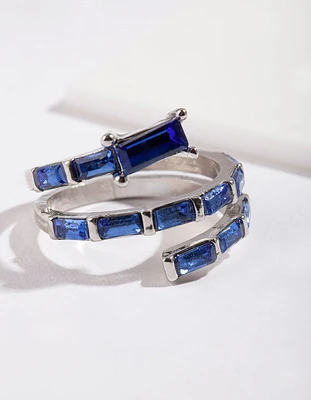 Rhodium Blue Gem Baguette Wrap Band Ring