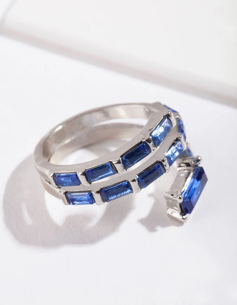 Rhodium Blue Gem Baguette Wrap Band Ring