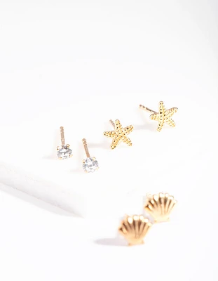 Gold Plated Sterling Silver Seaside Stud Earring Pack