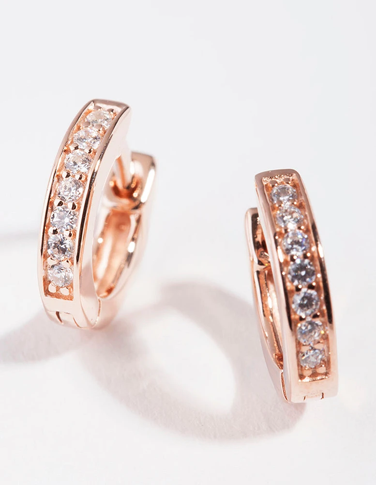 Rose Gold Plated Sterling Silver Cubic Zirconia Huggie Earrings