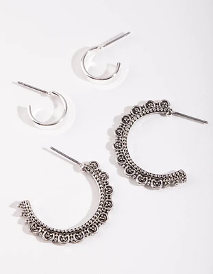 Antique Silver Textured Frill Hoop Earring Pack