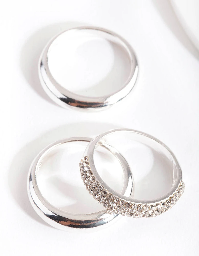 Silver Curve Band Diamante Ring Pack