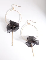 Gold Black Fabric Flower Hoop Earrings