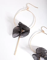 Gold Black Fabric Flower Hoop Earrings