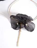 Gold Black Fabric Flower Hoop Earrings