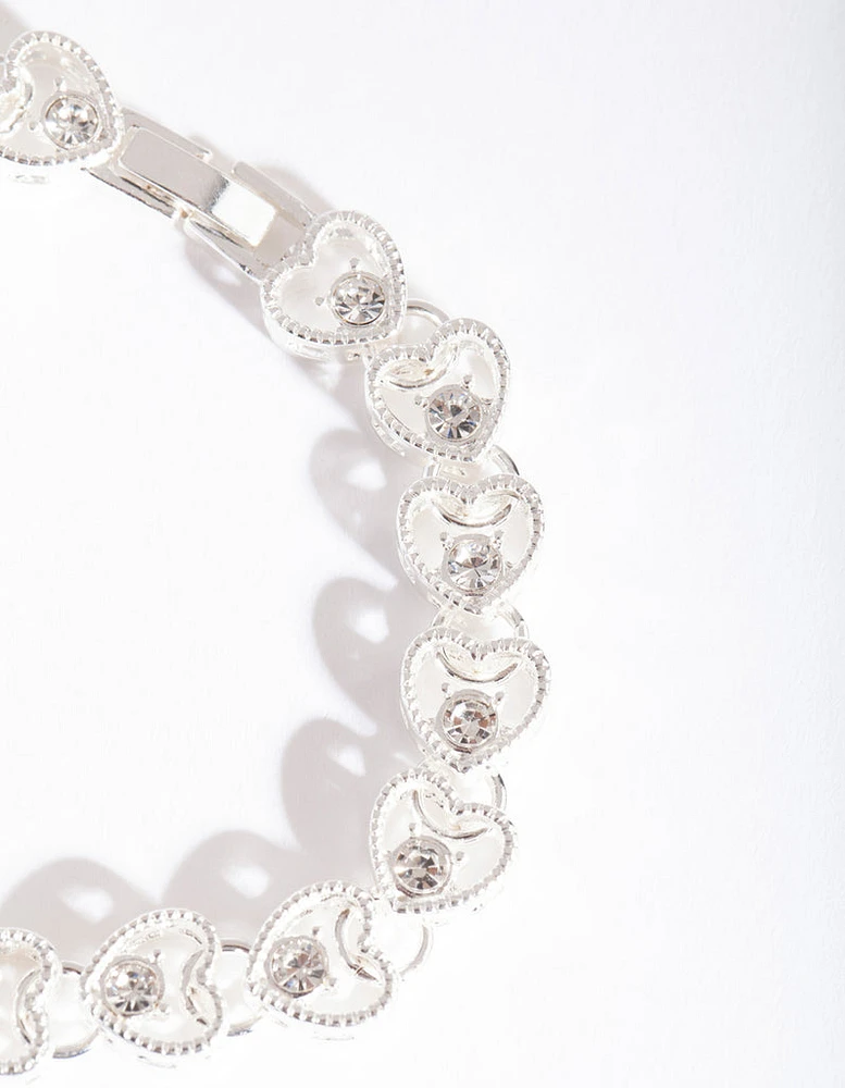 Silver Diamante Heart Link Bracelet